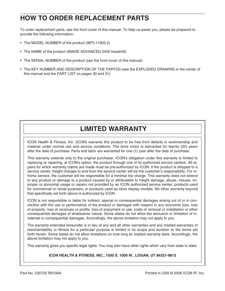 How to order replacement parts, Limited warranty | Image IMTL11905 User Manual | Page 34 / 34