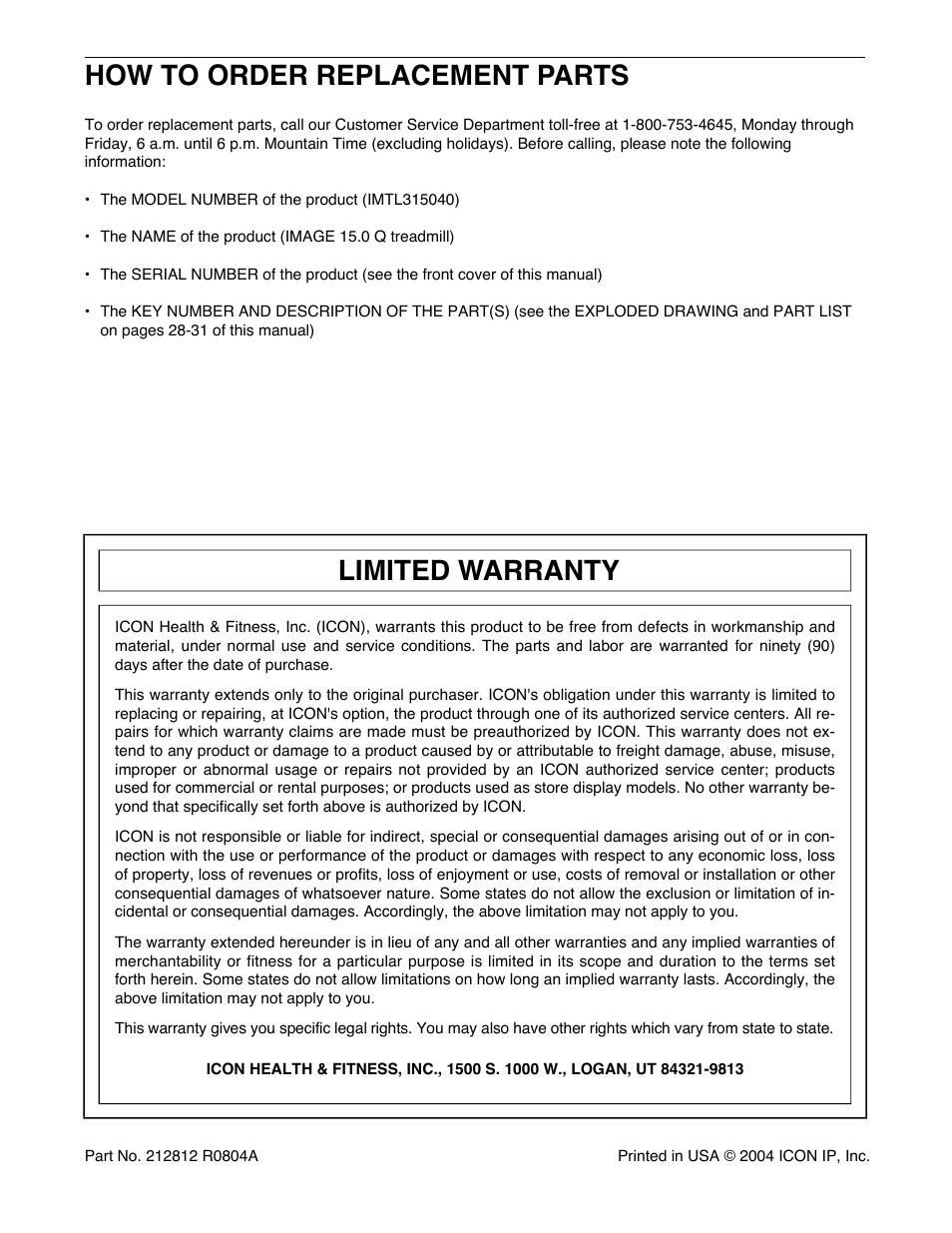 Limited warranty, How to order replacement parts | Image IMTL315040 User Manual | Page 32 / 32