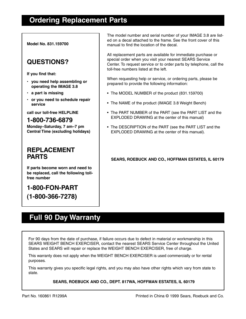 Ordering replacement parts, Full 90 day warranty, Questions | Replacement parts | Image 831.159700 User Manual | Page 18 / 18