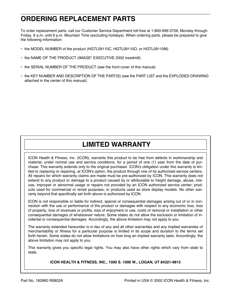 Ordering replacement parts, Limited warranty | Image HGTL09110O User Manual | Page 28 / 31