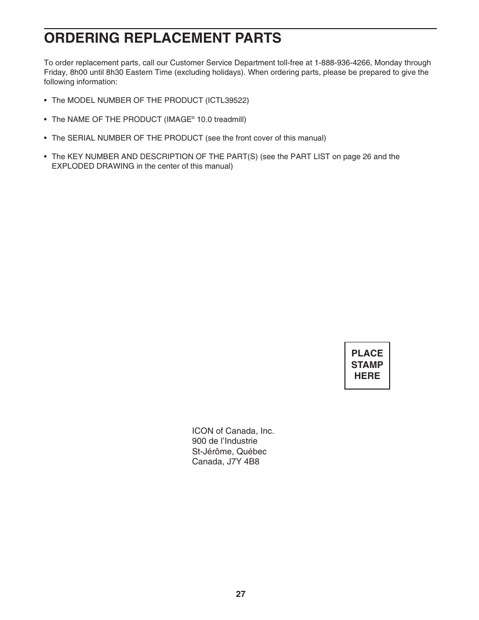 Ordering replacement parts | Image ICTL39522 User Manual | Page 27 / 30