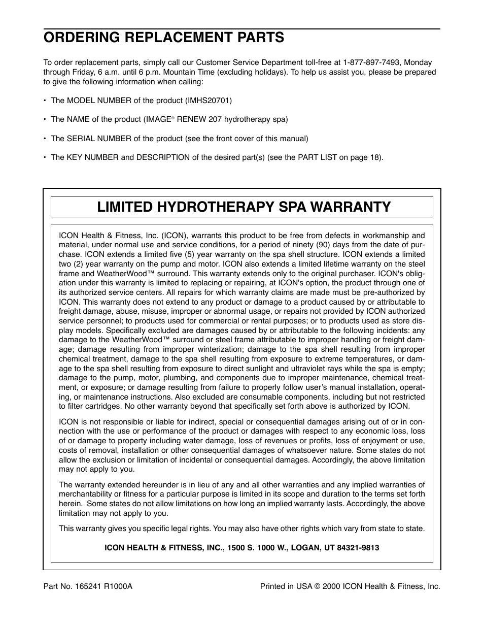 Ordering replacement parts, Limited hydrotherapy spa warranty | Image IMHS20701 User Manual | Page 20 / 20