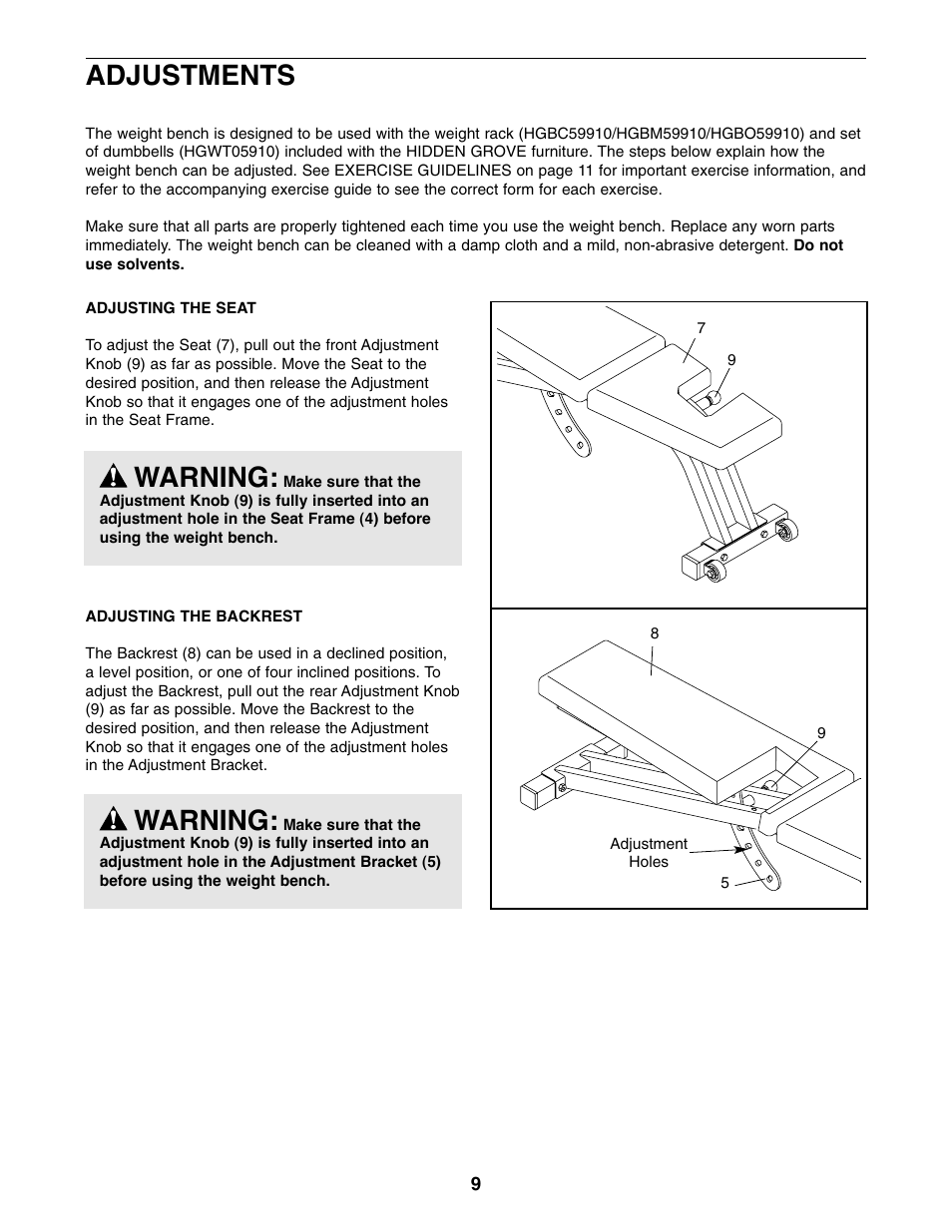 Adjustments, Warning | Image HGBE89910f User Manual | Page 9 / 16