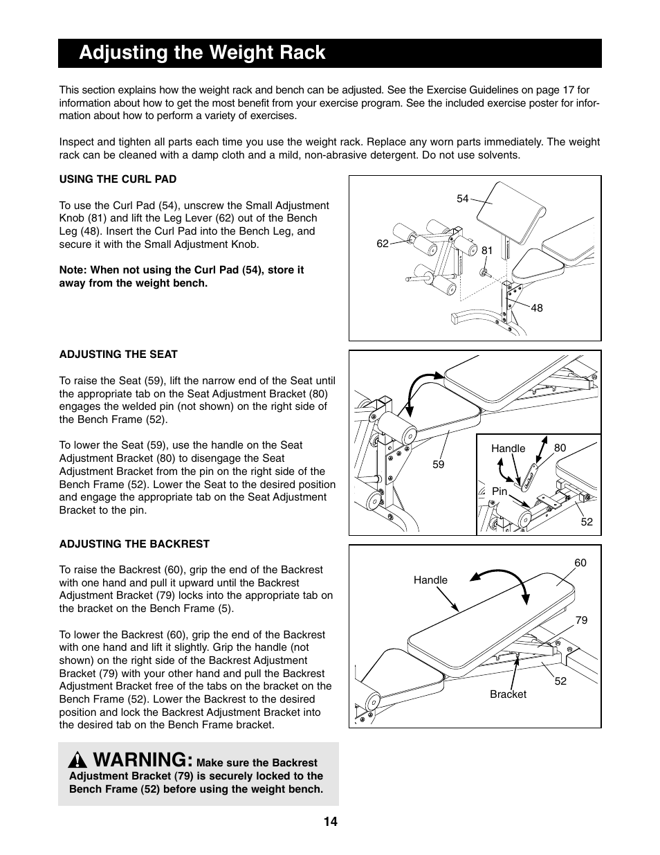 Adjusting the weight rack, Warning | Image IMBE39401 User Manual | Page 14 / 22