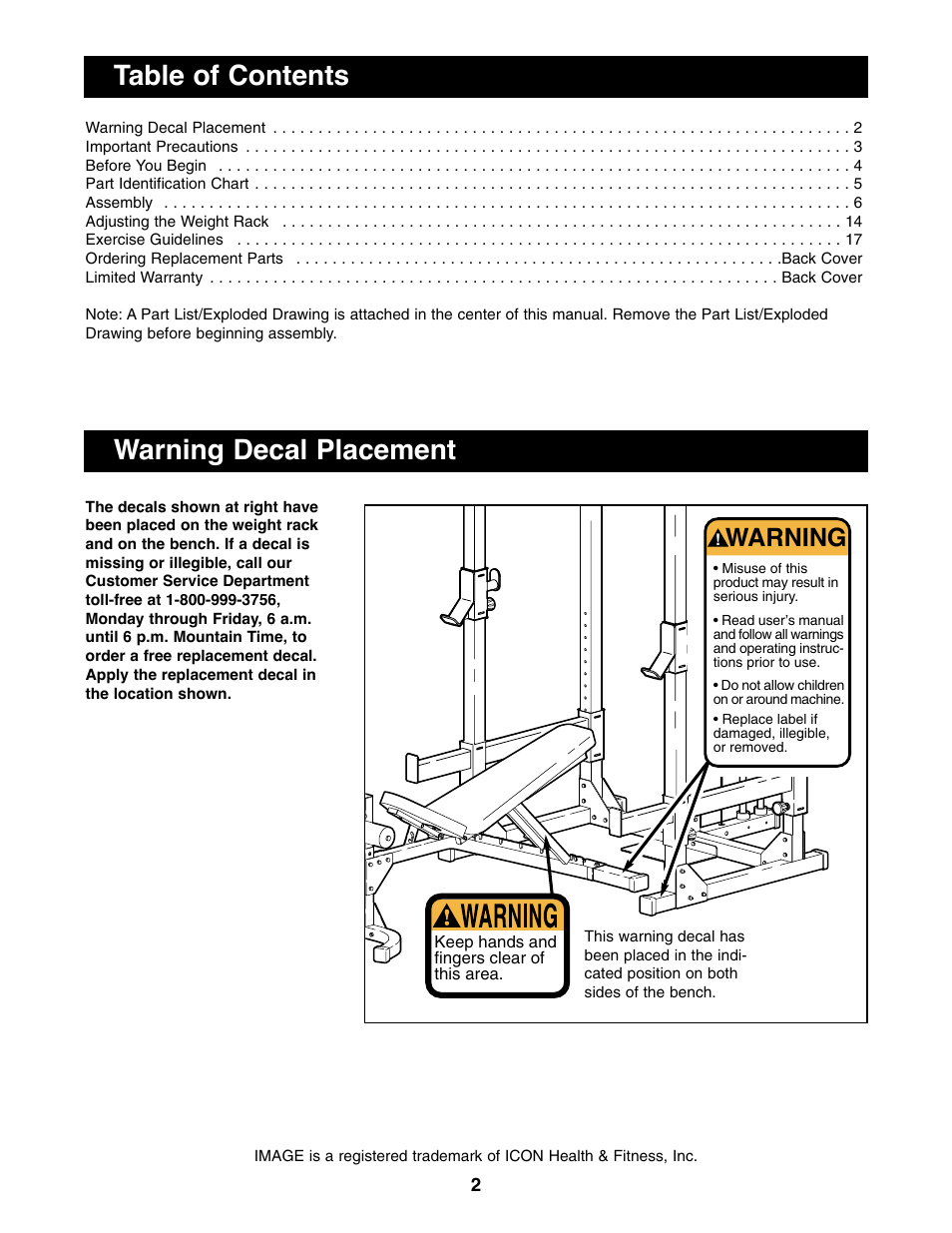 Table of contents warning decal placement, Warning | Image IMBE39401 User Manual | Page 2 / 22