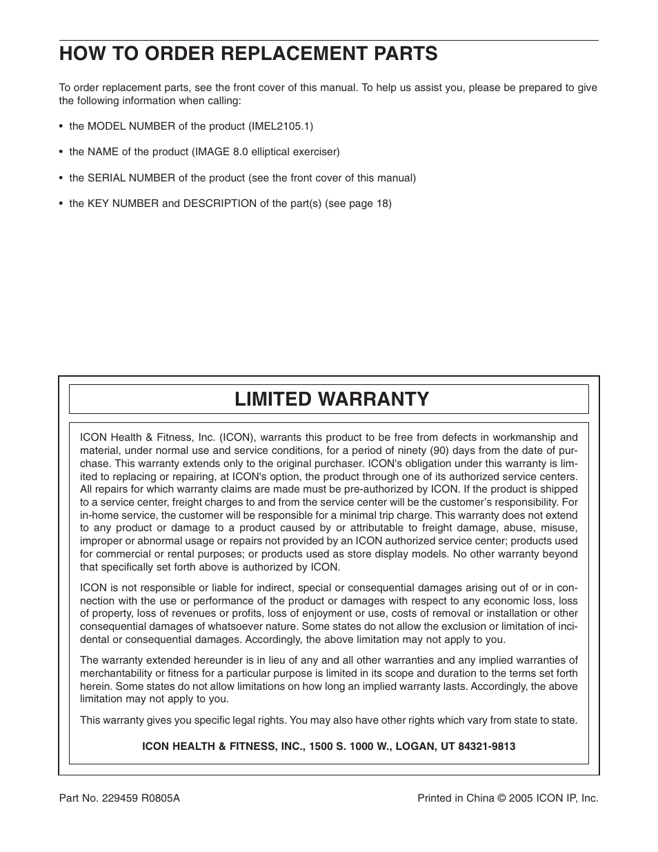 How to order replacement parts, Limited warranty | Image IMEL2105.1 User Manual | Page 20 / 20