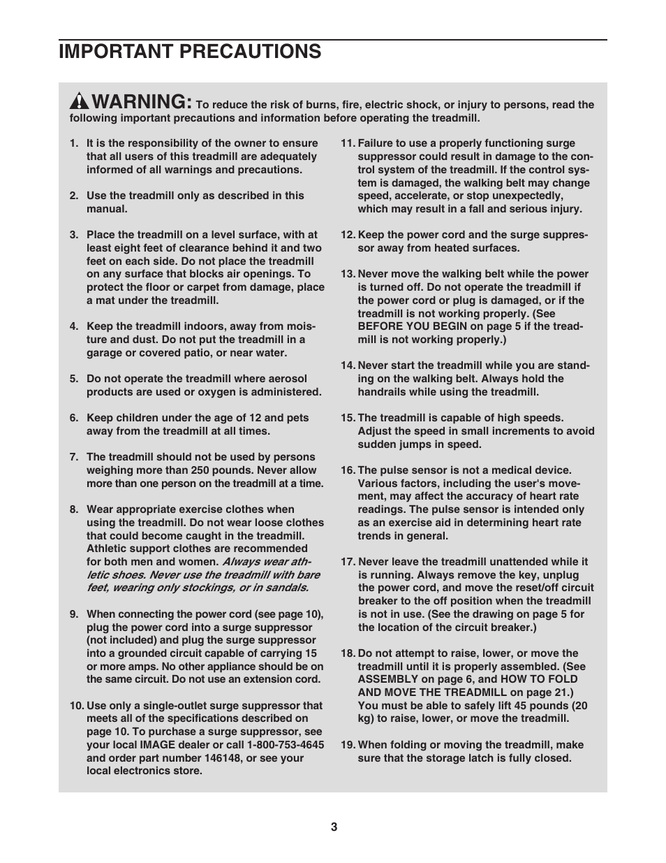 Warning, Important precautions | Image 16.0 Q treadmill IMTL4153.1 User Manual | Page 3 / 30