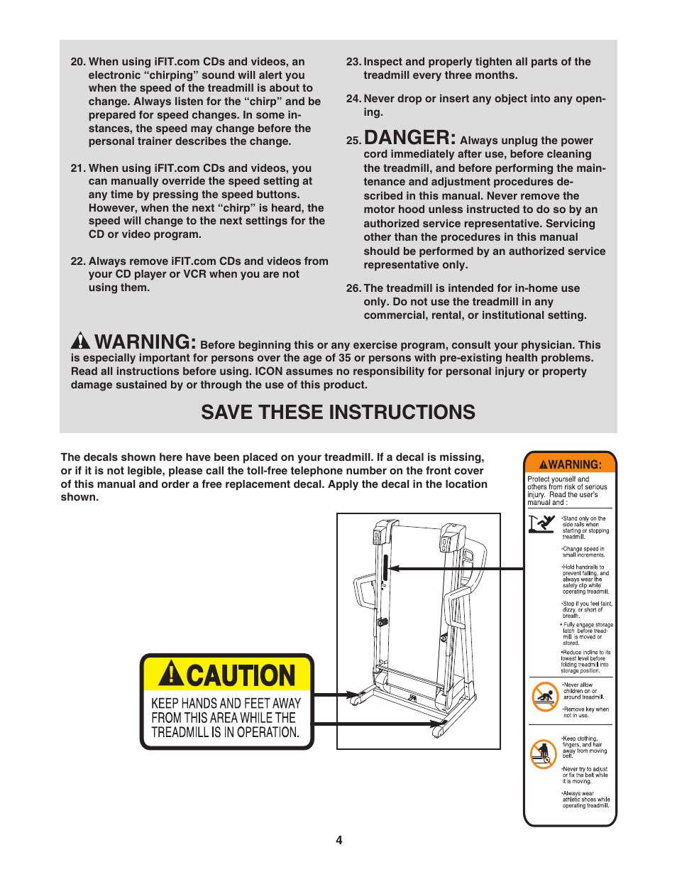 Danger, Warning, Save these instructions | Image 16.0 Q treadmill IMTL4153.1 User Manual | Page 4 / 30