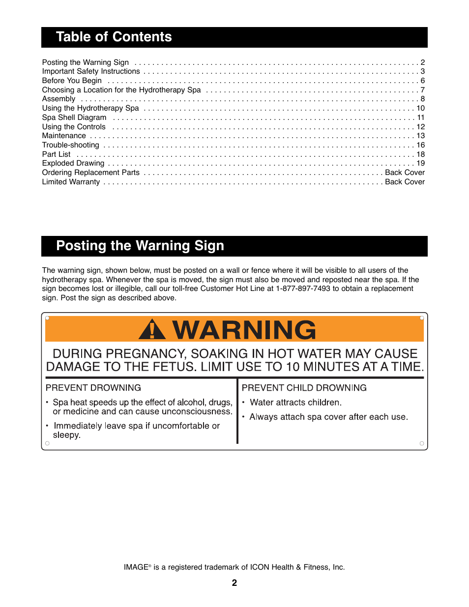 Posting the warning sign table of contents | Image IMHS45590 User Manual | Page 2 / 20