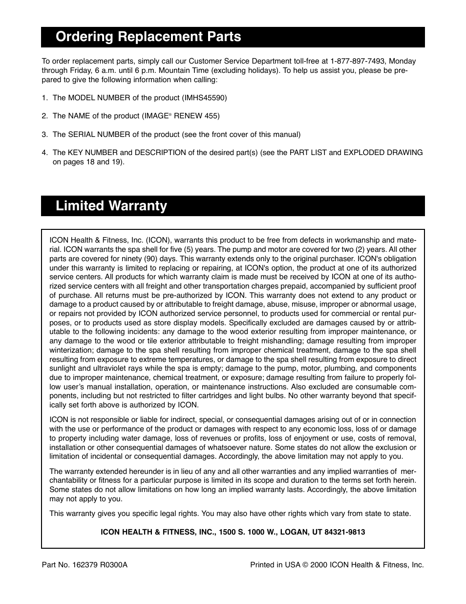 Ordering replacement parts limited warranty | Image IMHS45590 User Manual | Page 20 / 20