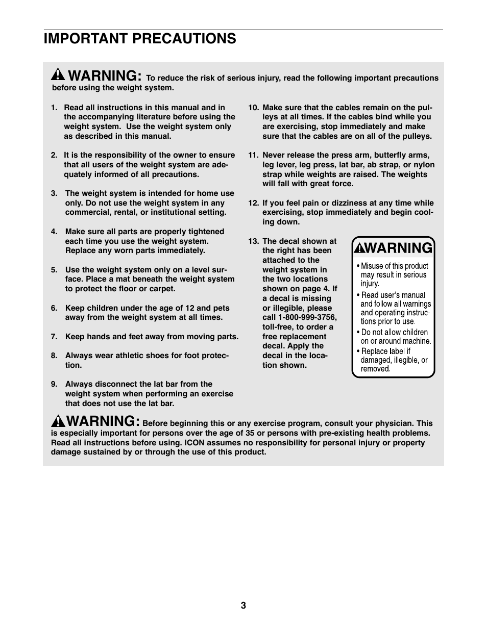 Important precautions, Warning | Image 8.0 User Manual | Page 3 / 32