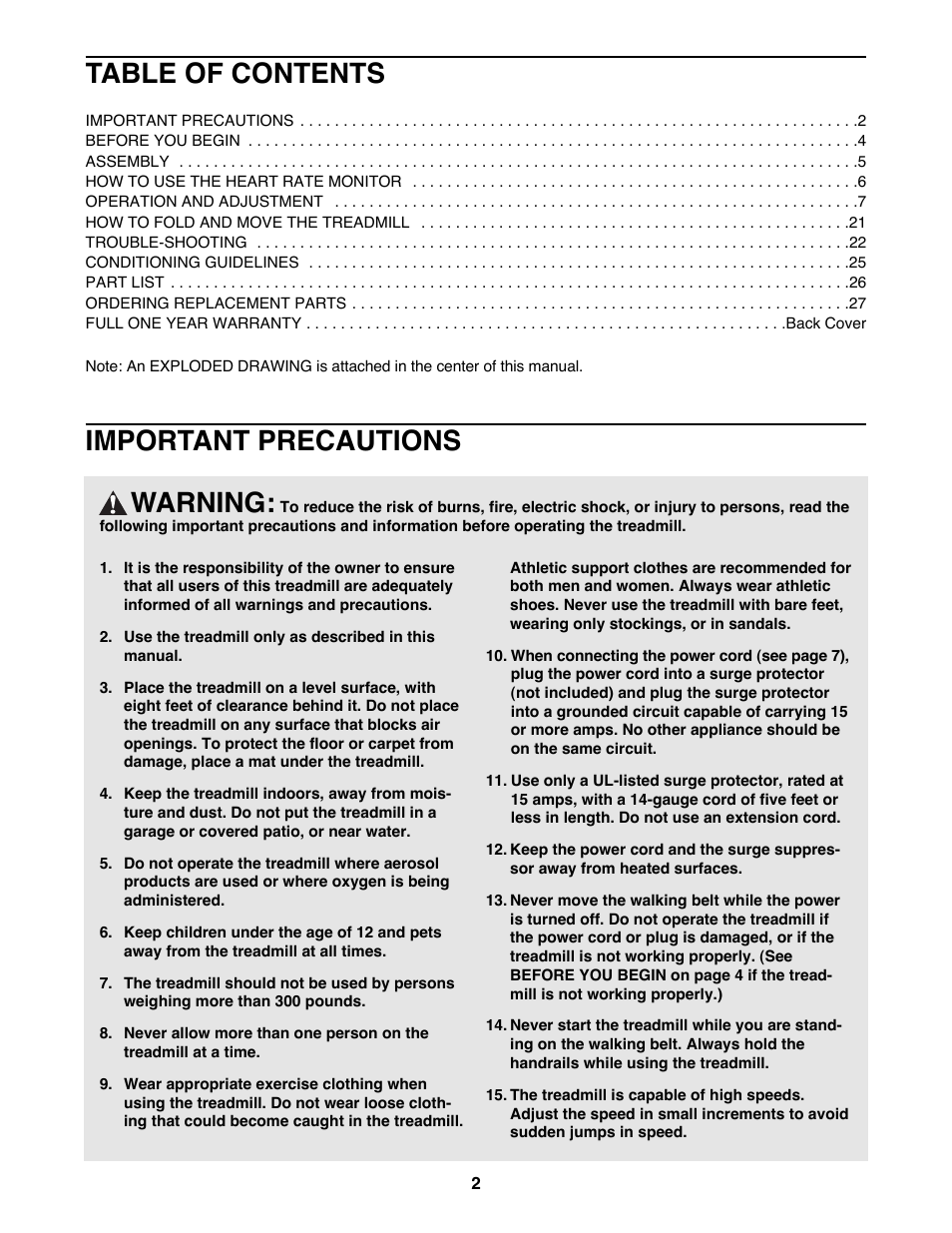 Warning, Important precautions table of contents | Image IMTL11992 User Manual | Page 2 / 30