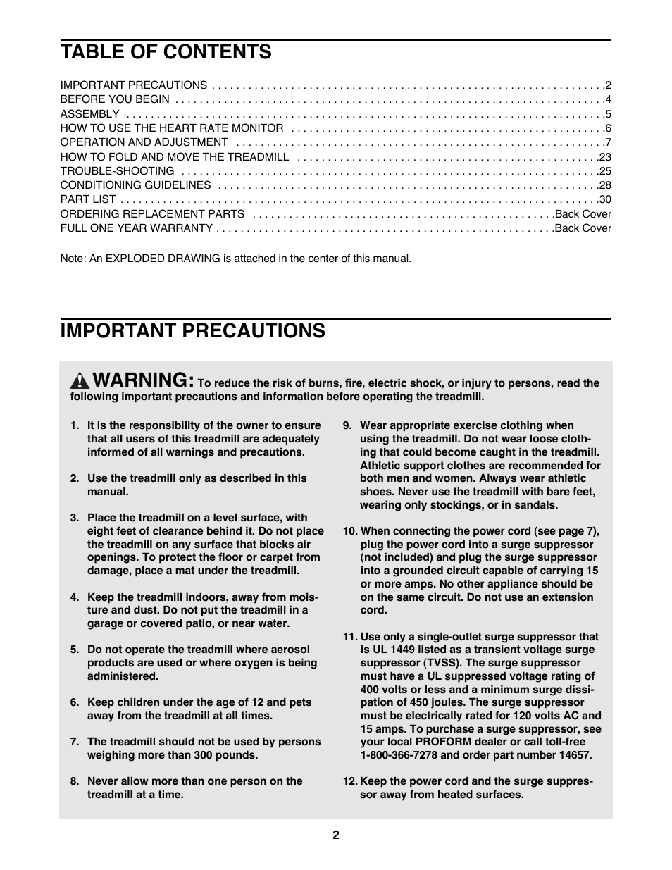 Warning, Important precautions table of contents | Image 831.299351 User Manual | Page 2 / 34