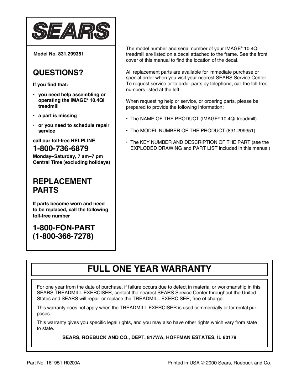 Full one year warranty, Questions, Replacement parts | Image 831.299351 User Manual | Page 34 / 34