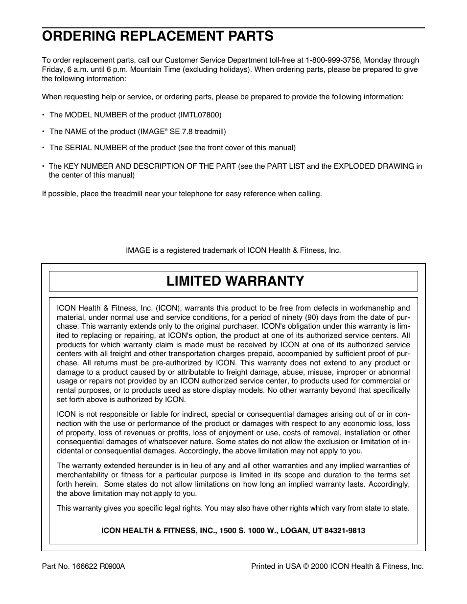 Limited warranty, Ordering replacement parts | Image IMTL07800 User Manual | Page 18 / 18