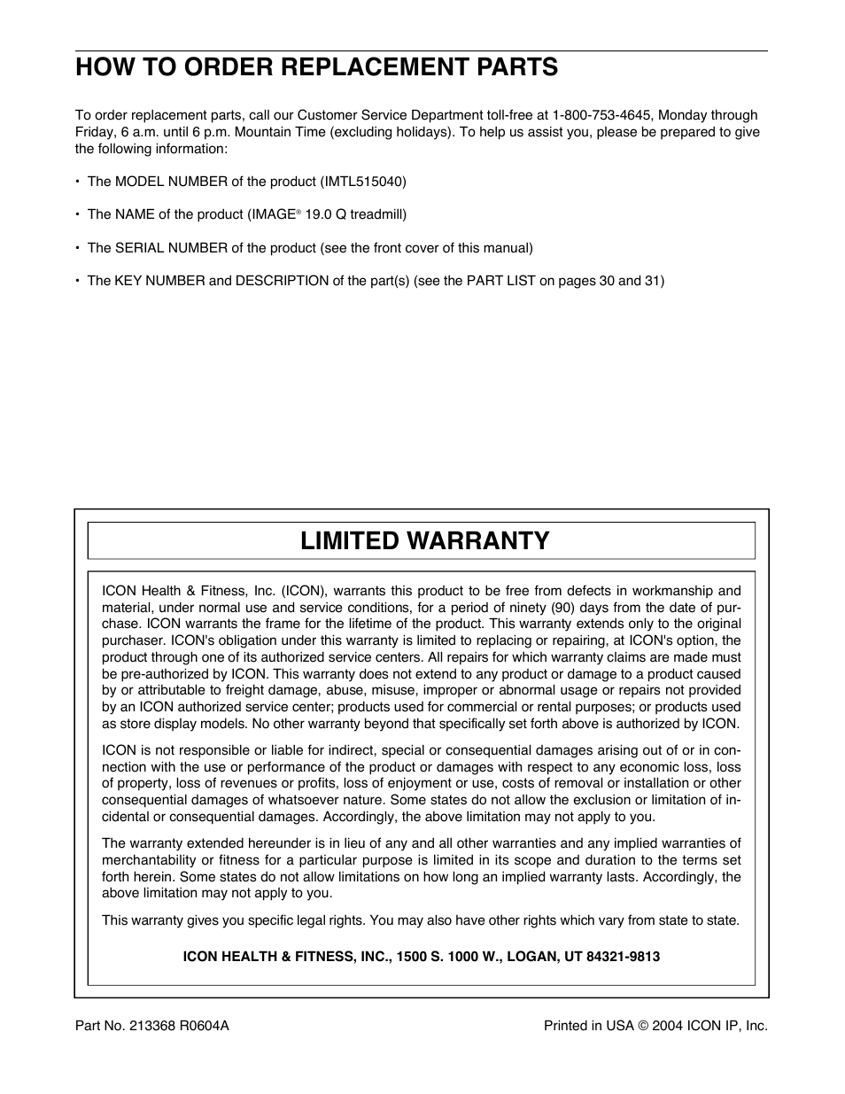 How to order replacement parts, Limited warranty | Image IMTL515040 User Manual | Page 34 / 34