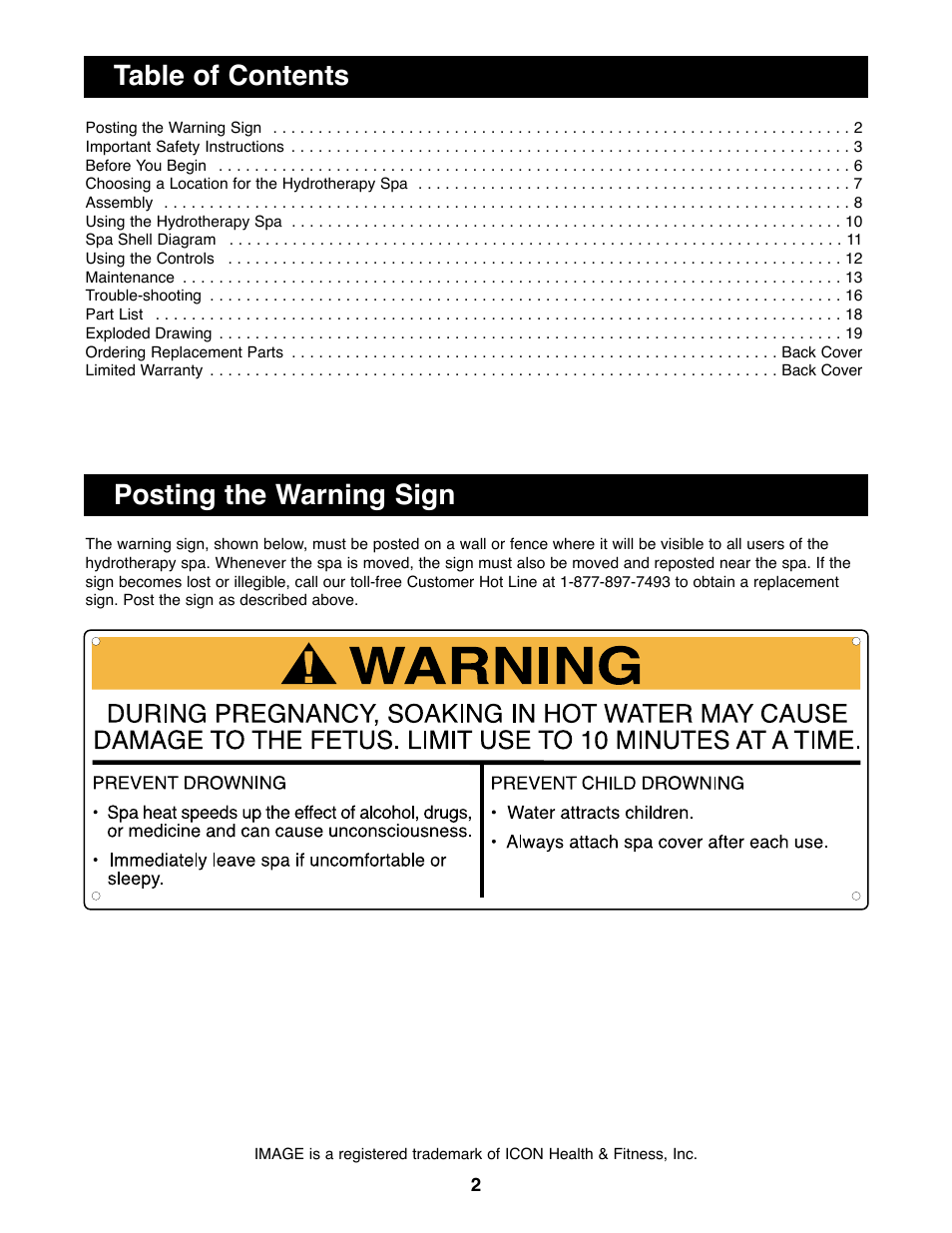 Posting the warning sign table of contents | Image IMSW73910 User Manual | Page 2 / 20