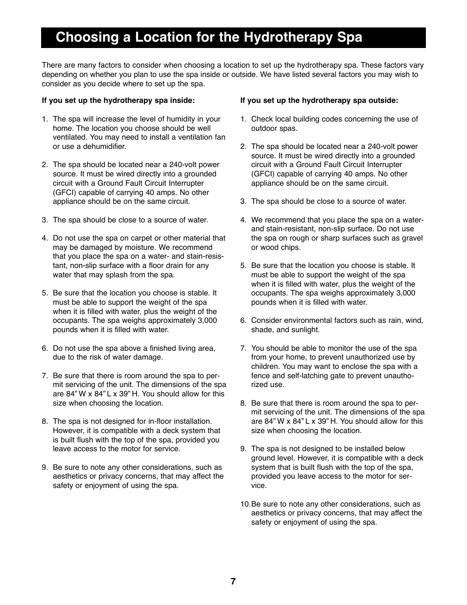 Choosing a location for the hydrotherapy spa | Image IMSW73910 User Manual | Page 7 / 20