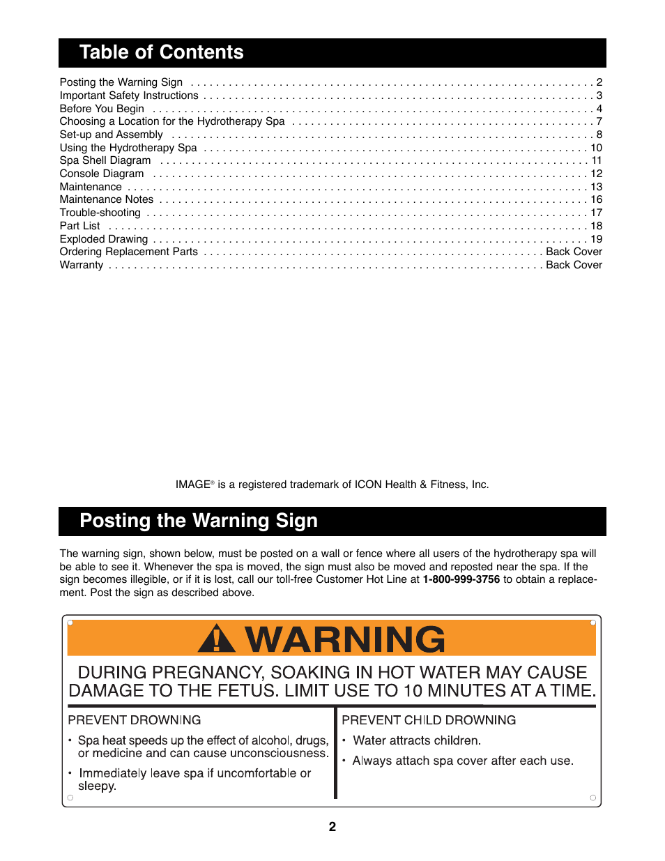 Posting the warning sign table of contents | Image IMHS40090 User Manual | Page 2 / 20