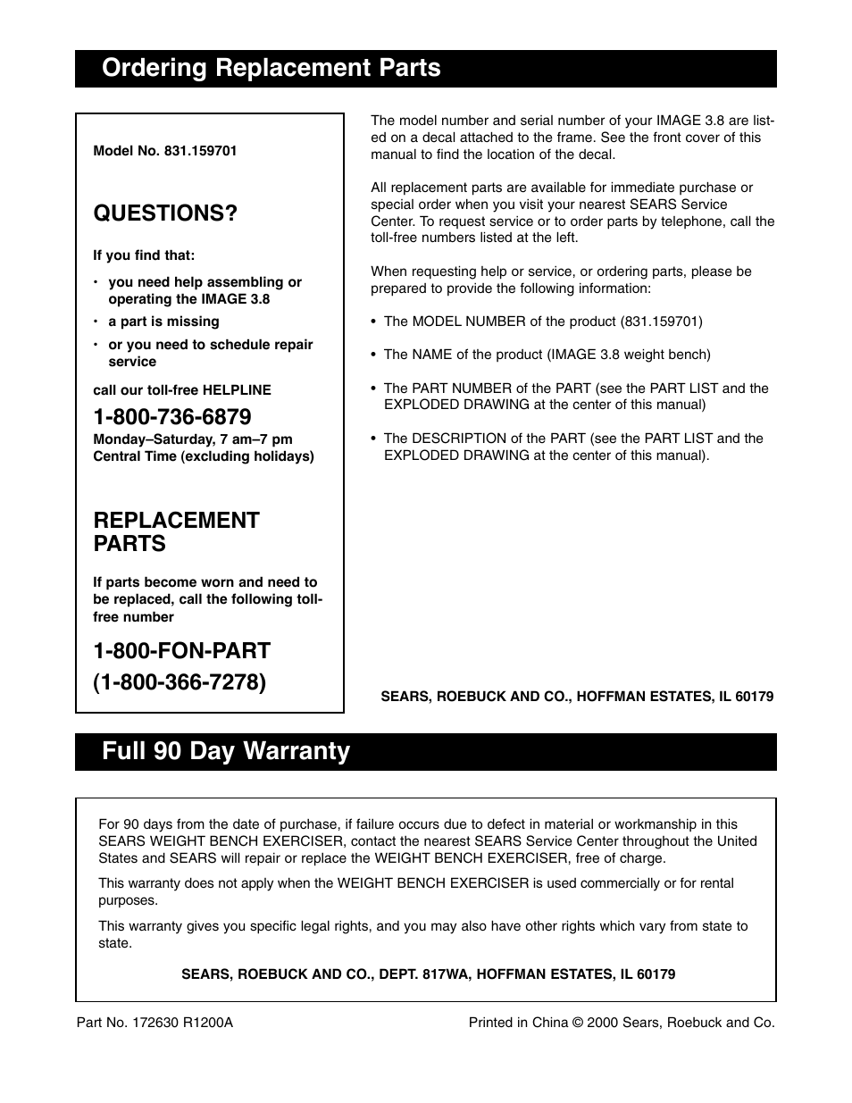 Ordering replacement parts, Full 90 day warranty, Questions | Replacement parts | Image 831.159701 User Manual | Page 18 / 18