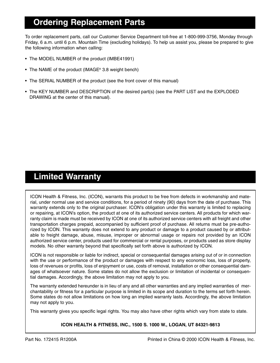 Ordering replacement parts, Limited warranty | Image 3.8 User Manual | Page 18 / 18