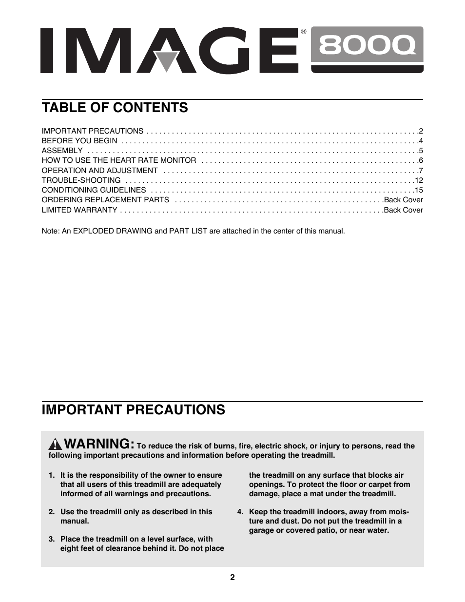 Warning, Important precautions table of contents | Image 8000 IMTL22991 User Manual | Page 2 / 18