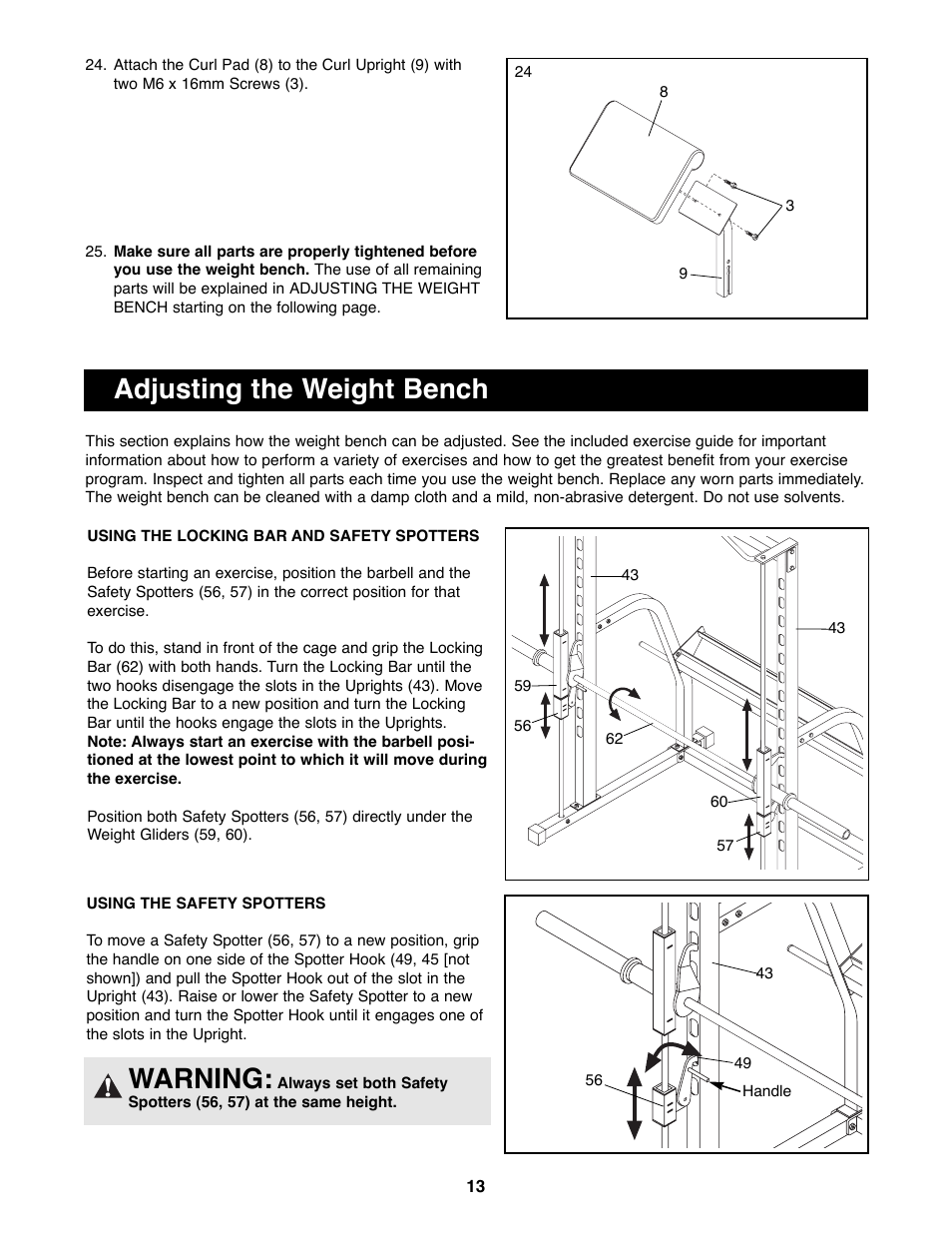 Adjusting the weight bench, Warning | Image IMBE53900 User Manual | Page 13 / 19