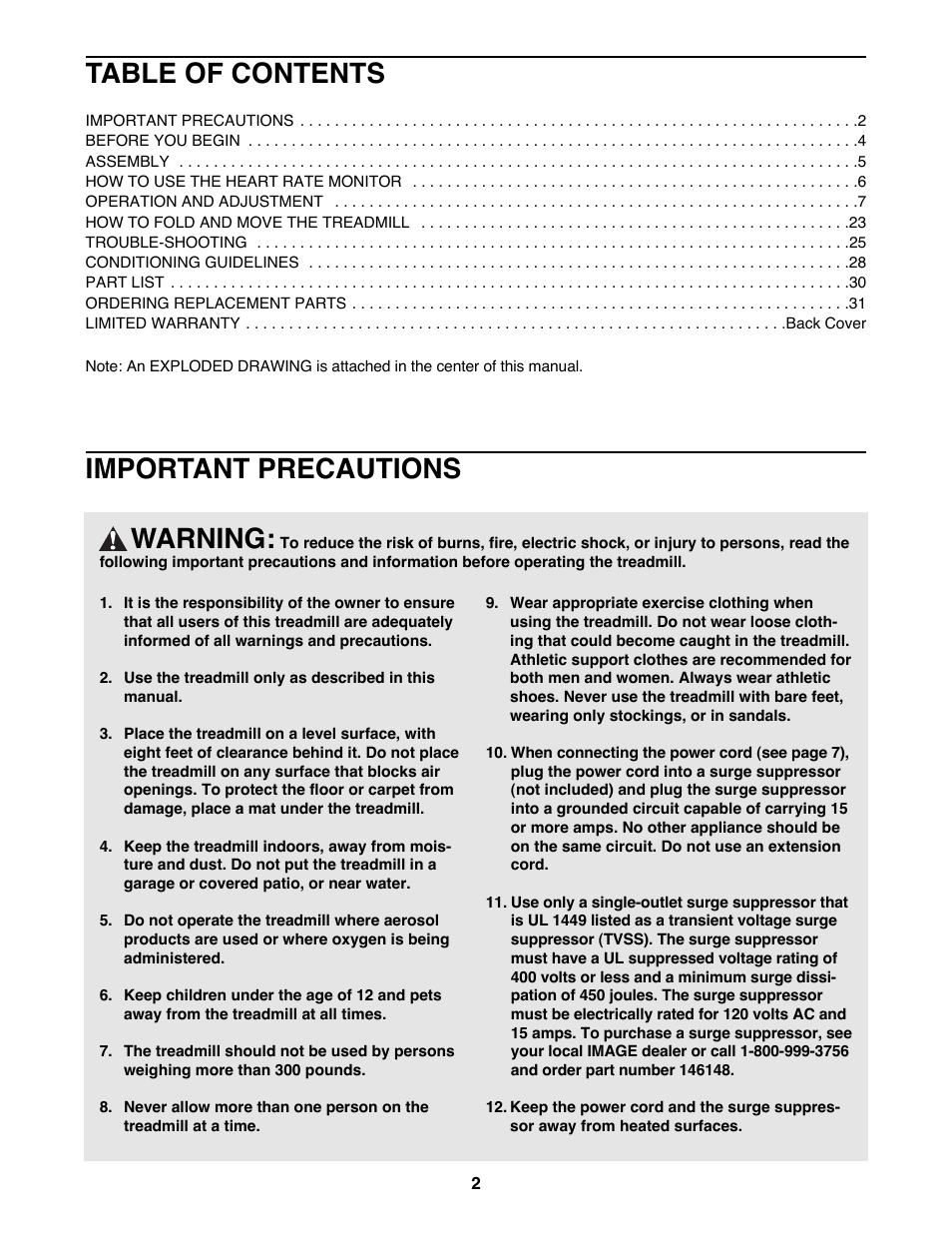 Warning, Important precautions table of contents | Image IMTL13991 User Manual | Page 2 / 34