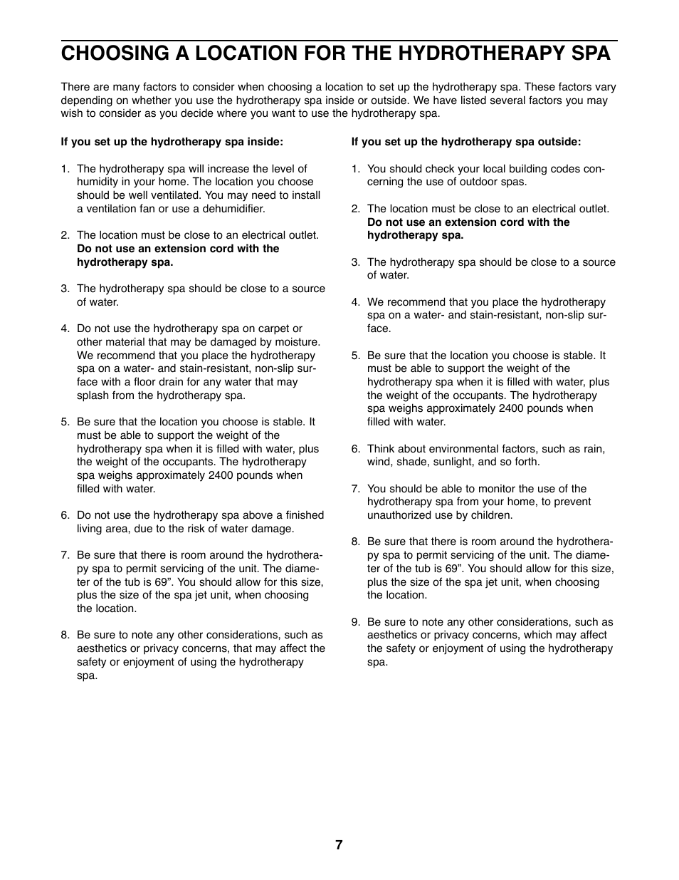 Choosing a location for the hydrotherapy spa | Image IMHS80081 User Manual | Page 7 / 17