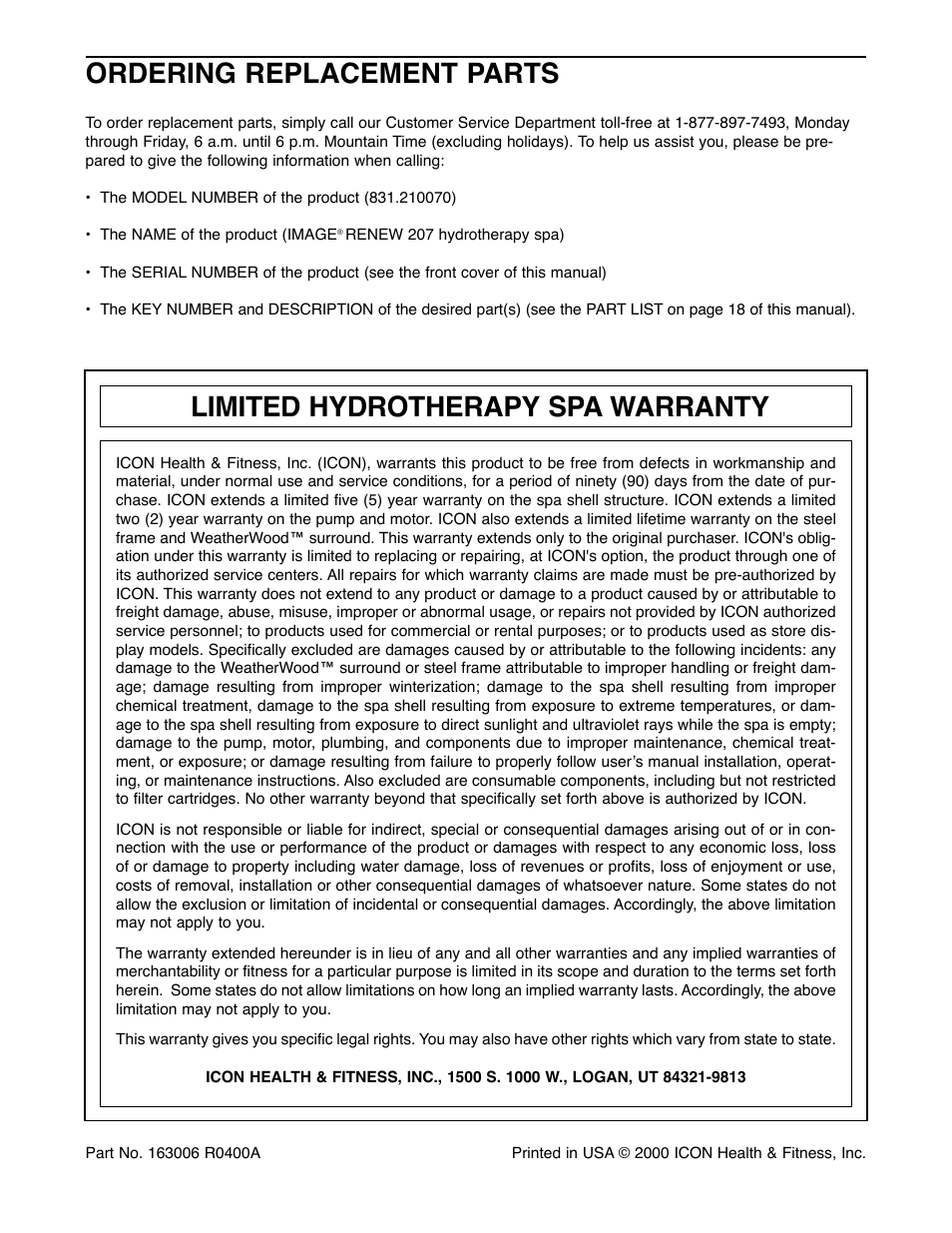 Ordering replacement parts, Limited hydrotherapy spa warranty | Image 831.21007 User Manual | Page 20 / 20