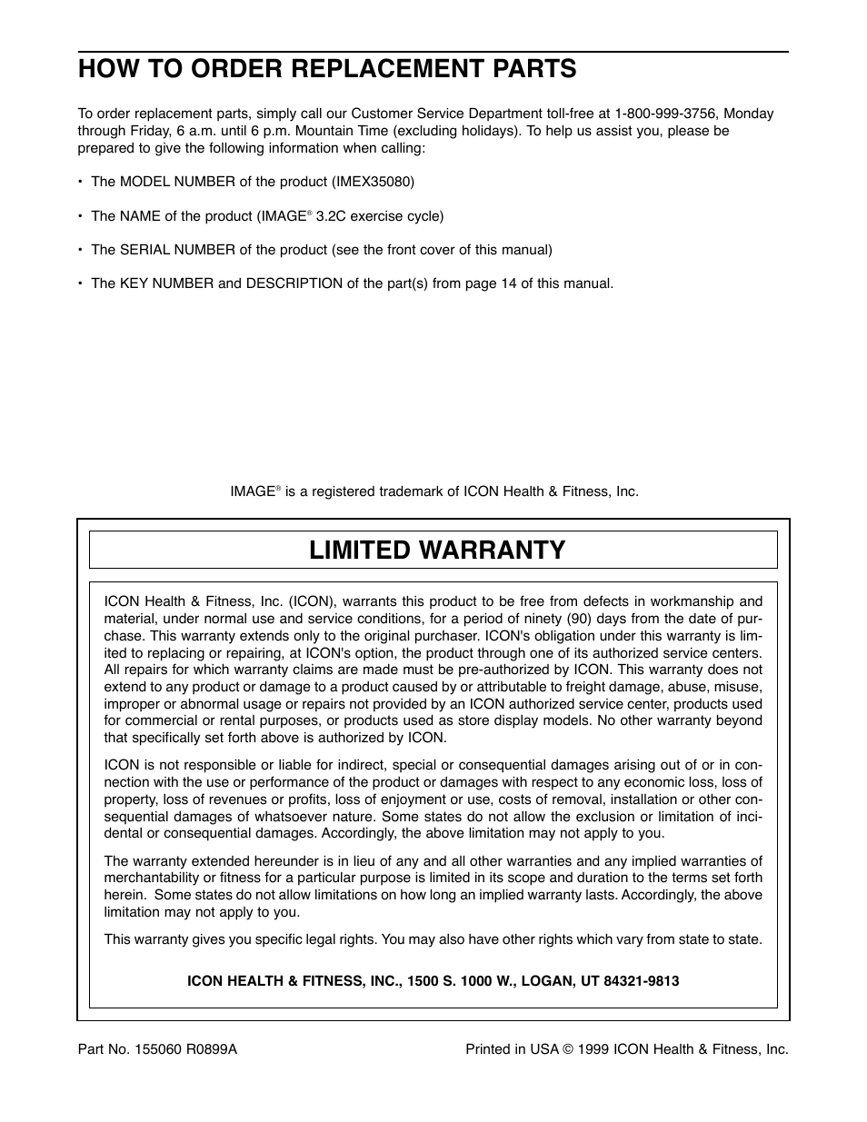 How to order replacement parts, Limited warranty | Image IMEX35080 User Manual | Page 16 / 16