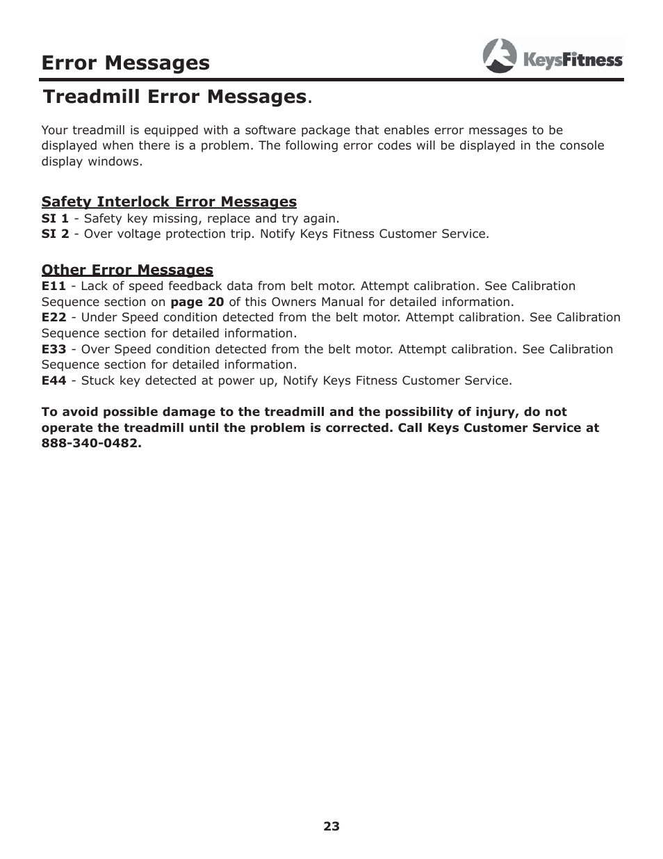 Error messages, Treadmill error messages | Image Keys 4600T User Manual | Page 23 / 29