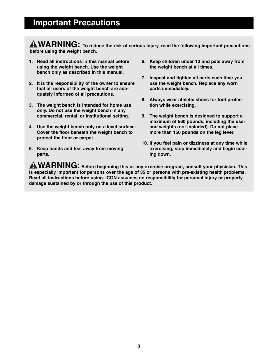 Important precautions warning, Warning | Image IMBE12500 User Manual | Page 3 / 16