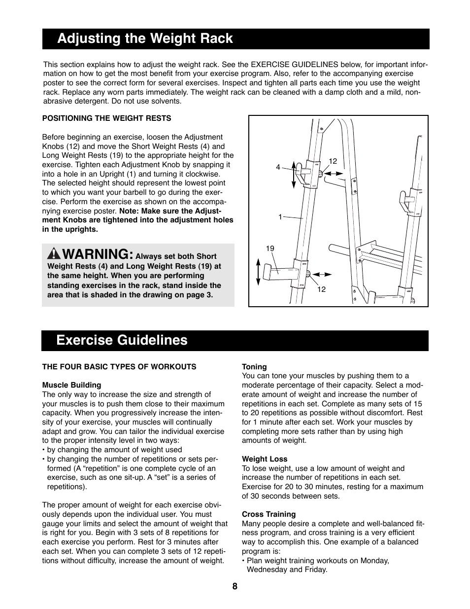 Exercise guidelines, Adjusting the weight rack warning | Image IMBE19500 User Manual | Page 8 / 12