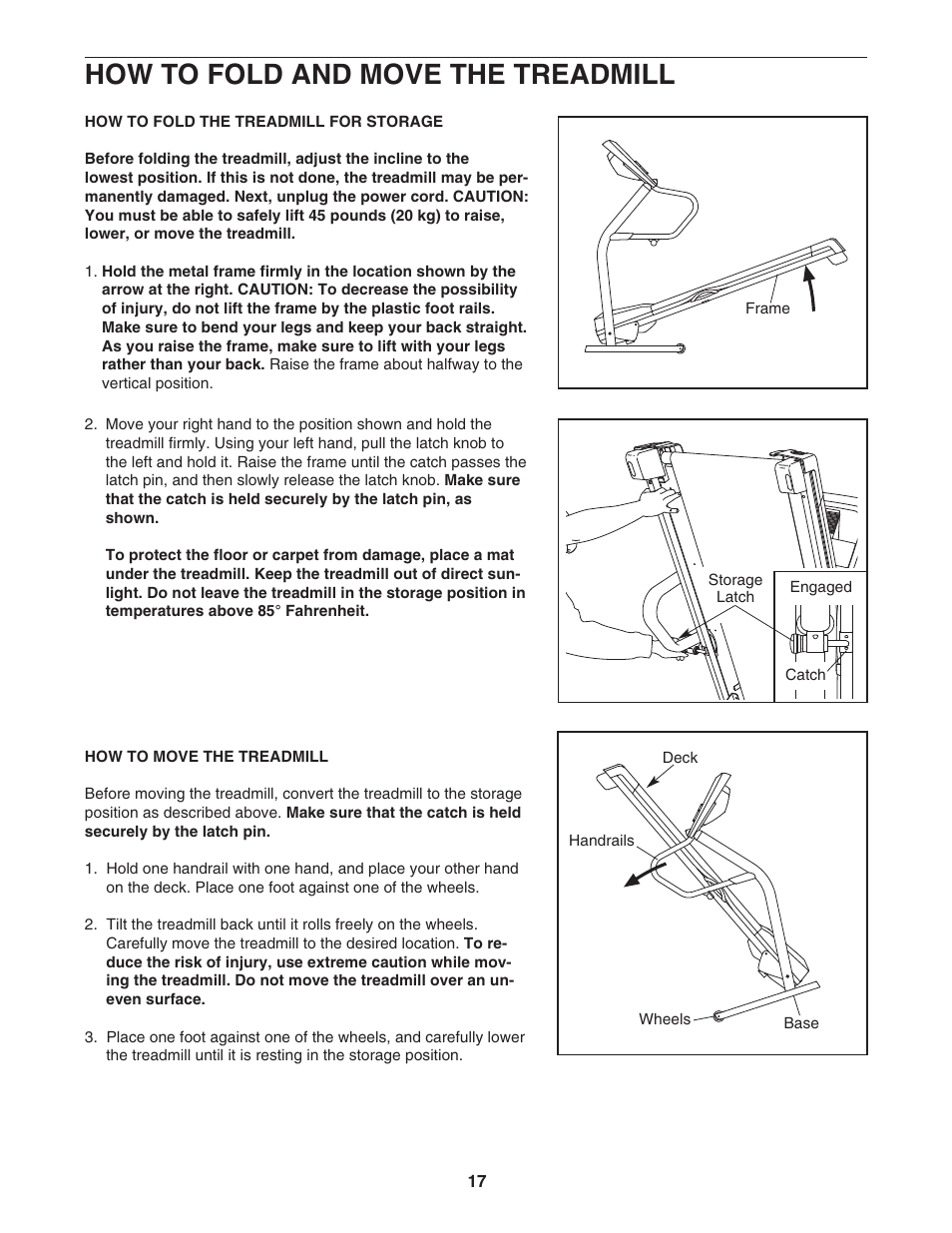 How to fold and move the treadmill | Image IMTL49105.2 User Manual | Page 17 / 26