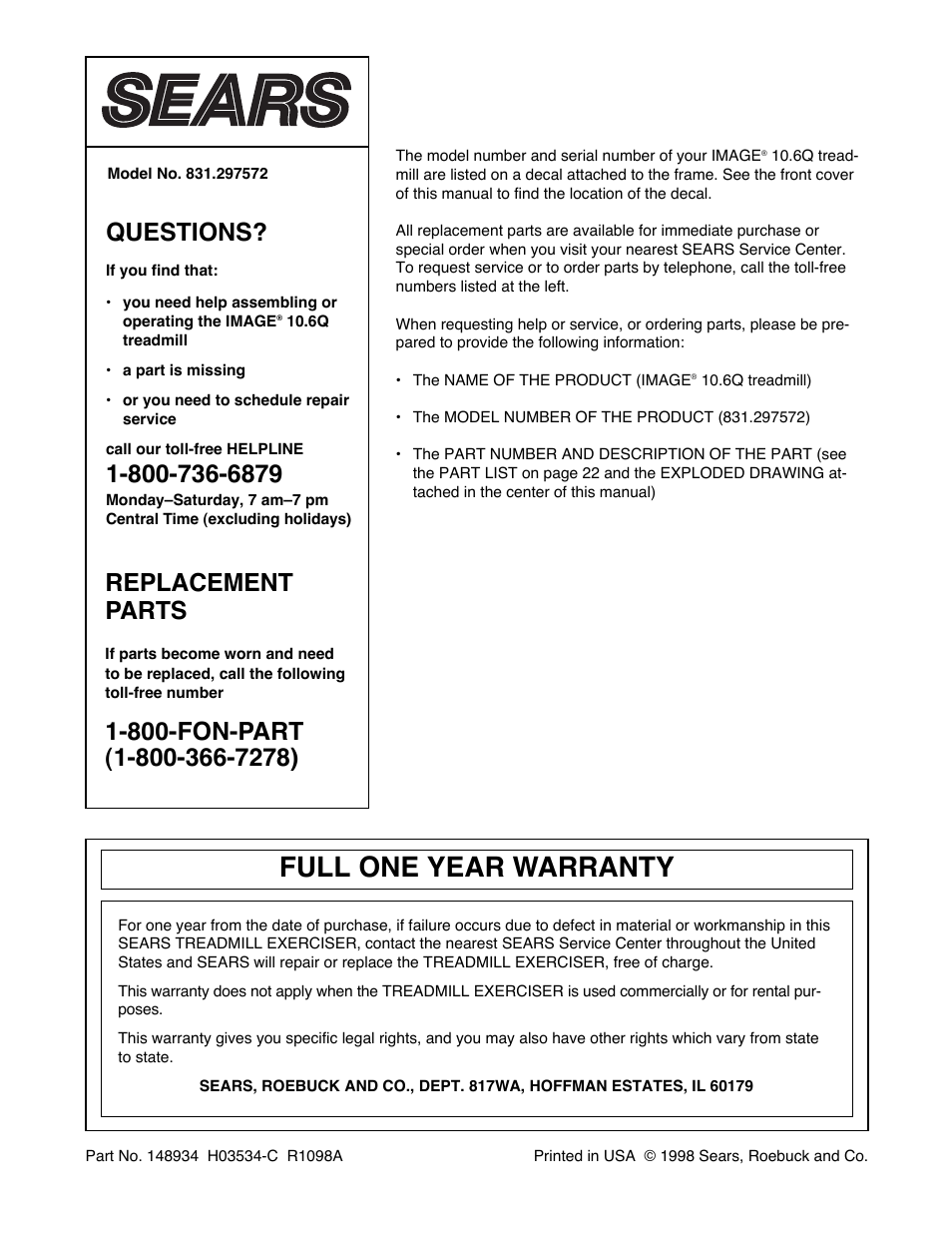 Full one year warranty, Questions, Replacement parts | Image 831.297572 User Manual | Page 26 / 26