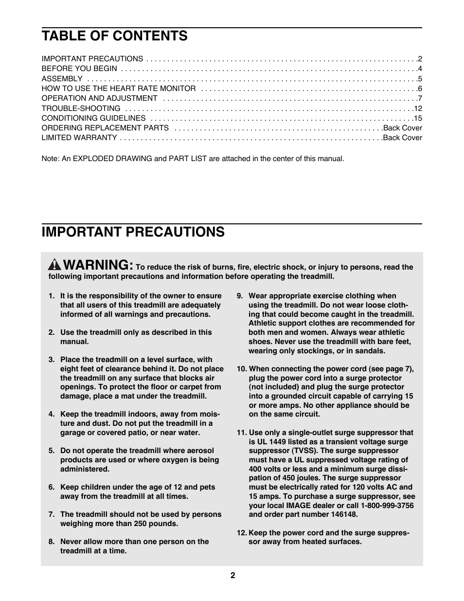 Warning, Important precautions table of contents | Image 850SE User Manual | Page 2 / 18