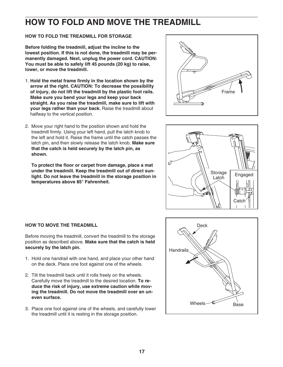 How to fold and move the treadmill | Image IMTL49105.0 User Manual | Page 17 / 26