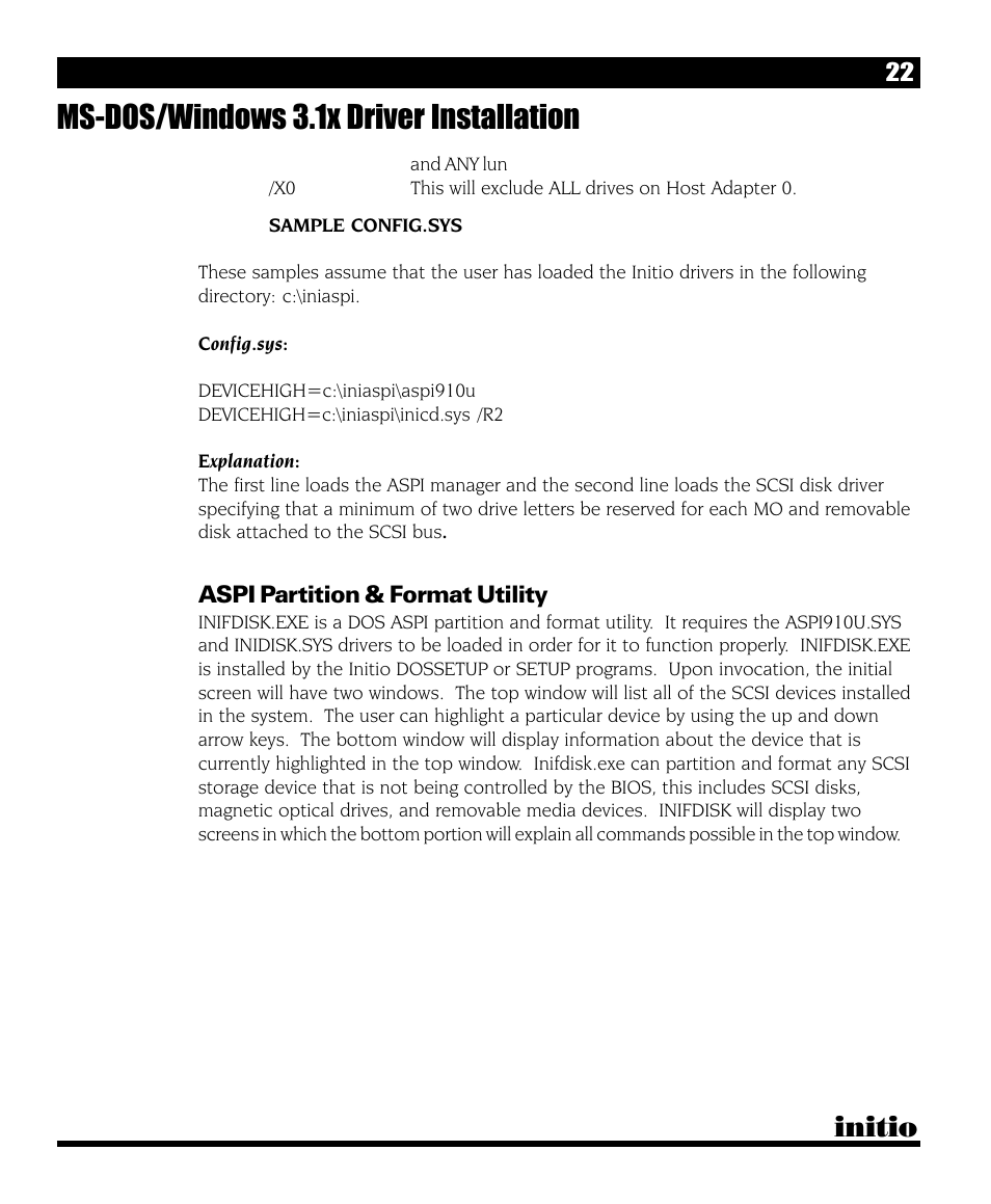 Ms-dos/windows 3.1x driver installation, Initio | Initio INI-9090U User Manual | Page 26 / 64