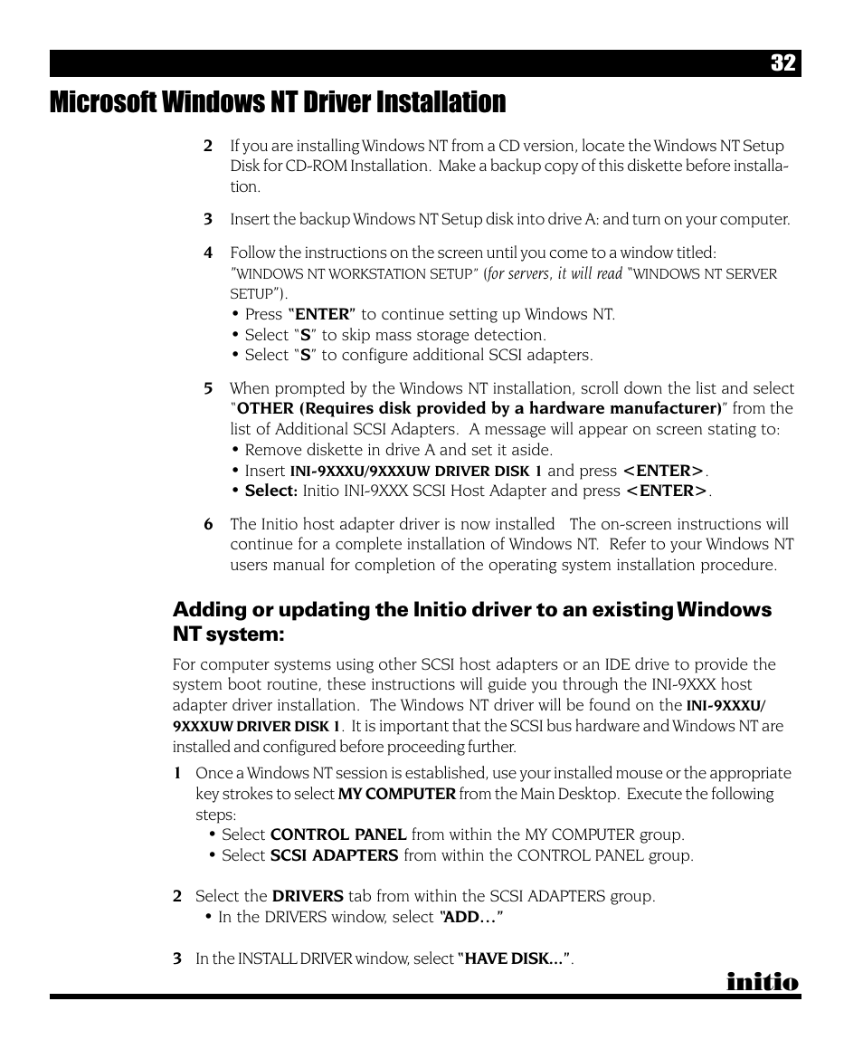 Microsoft windows nt driver installation, Initio | Initio INI-9090U User Manual | Page 36 / 64