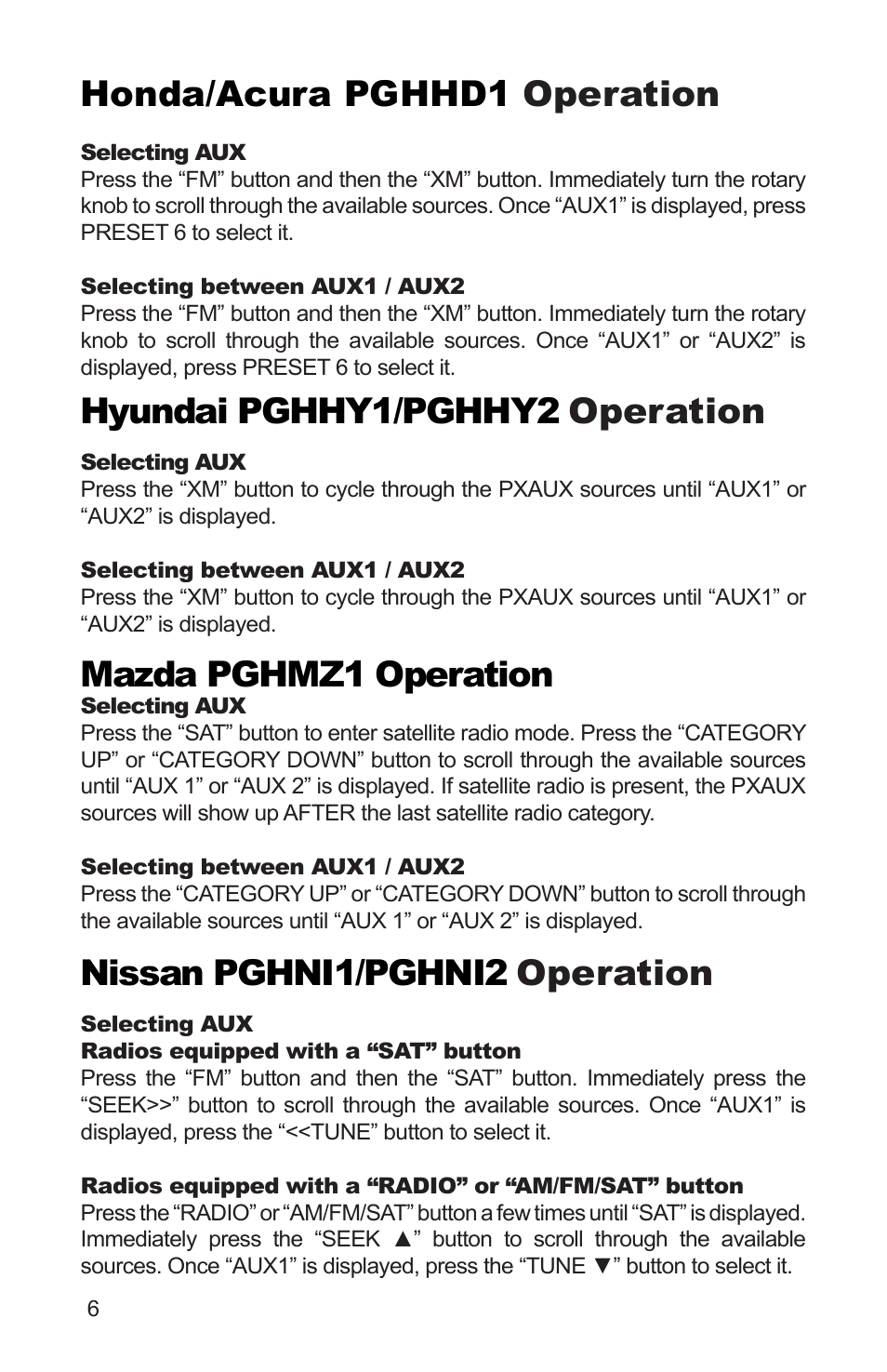 Honda/acura pghhd1 operation, Hyundai pghhy1/pghhy2 operation, Nissan pghni1/pghni2 operation | Mazda pghmz1 operation | iSimple DUALINK PGHVW2 User Manual | Page 6 / 8