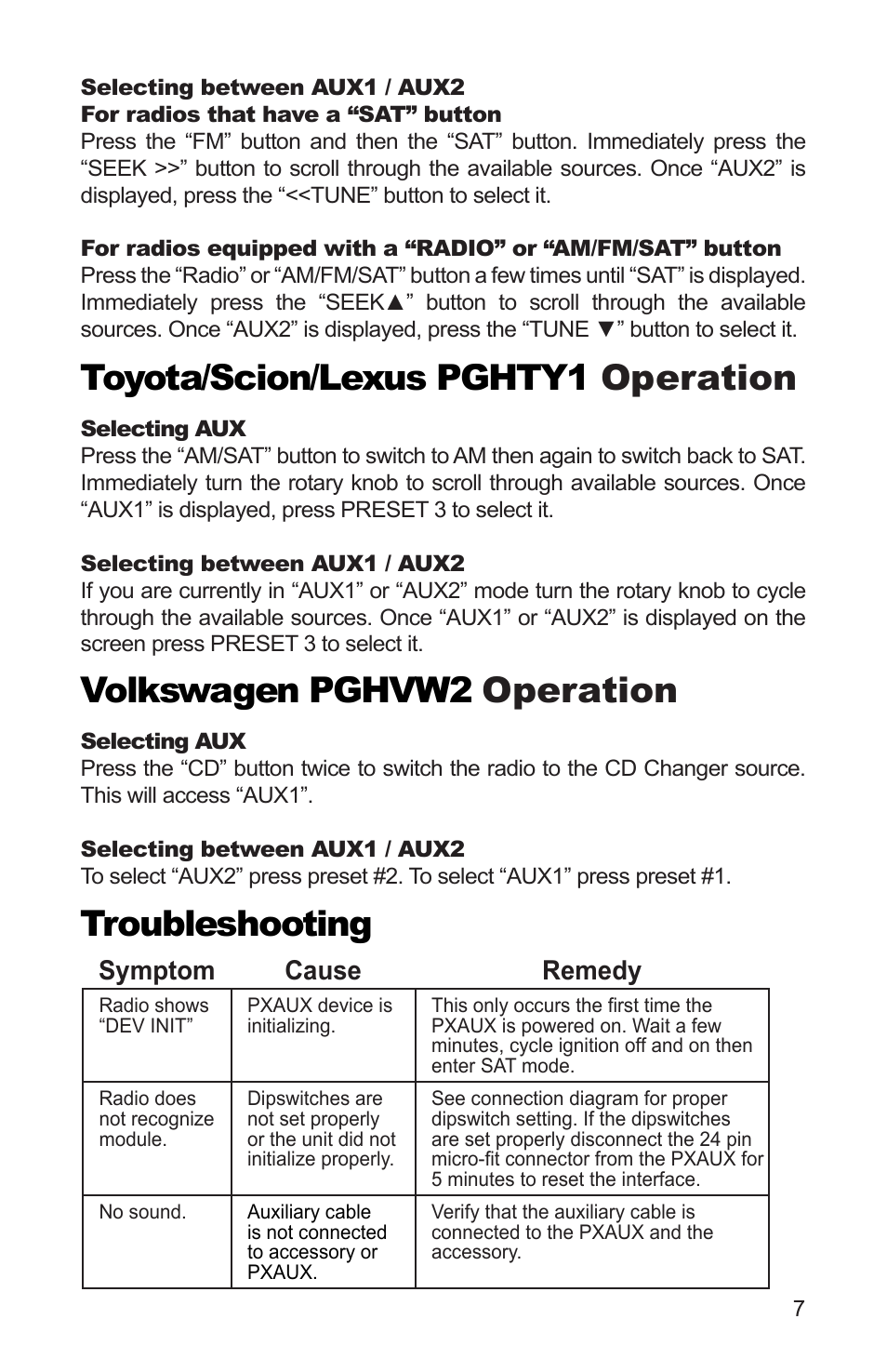 Toyota/scion/lexus pghty1 operation, Volkswagen pghvw2 operation, Troubleshooting | Symptom cause remedy | iSimple DUALINK PGHVW2 User Manual | Page 7 / 8