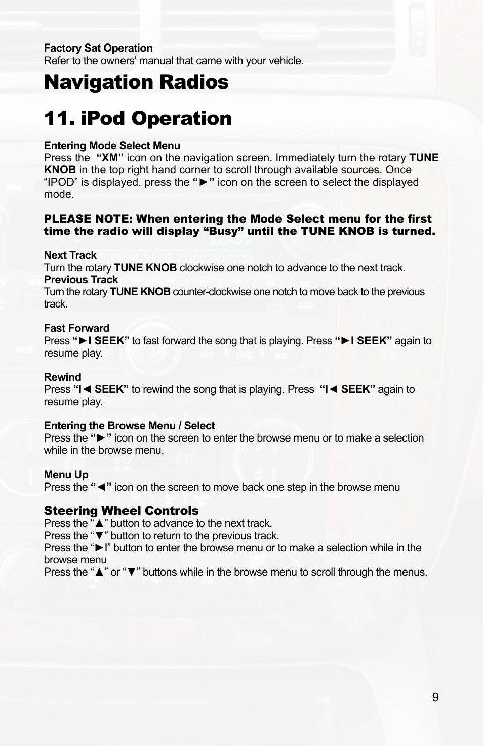 Navigation radios 11. ipod operation | iSimple IPOD PXAMG User Manual | Page 11 / 17