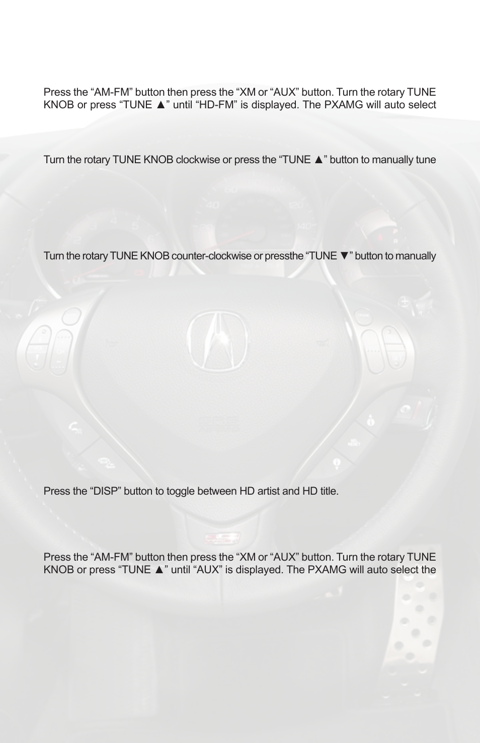 Hd radio operation, Selecting aux input | iSimple PGHHD2C User Manual | Page 8 / 12