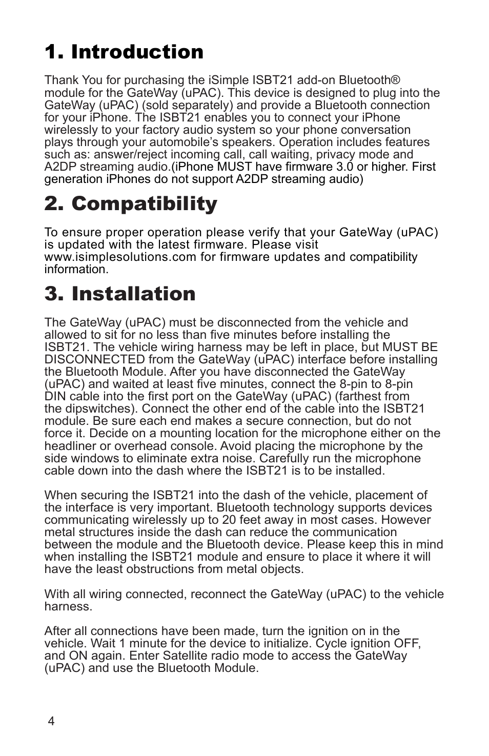 Introduction, Compatibility, Installation | iSimple ISBT21 User Manual | Page 4 / 8