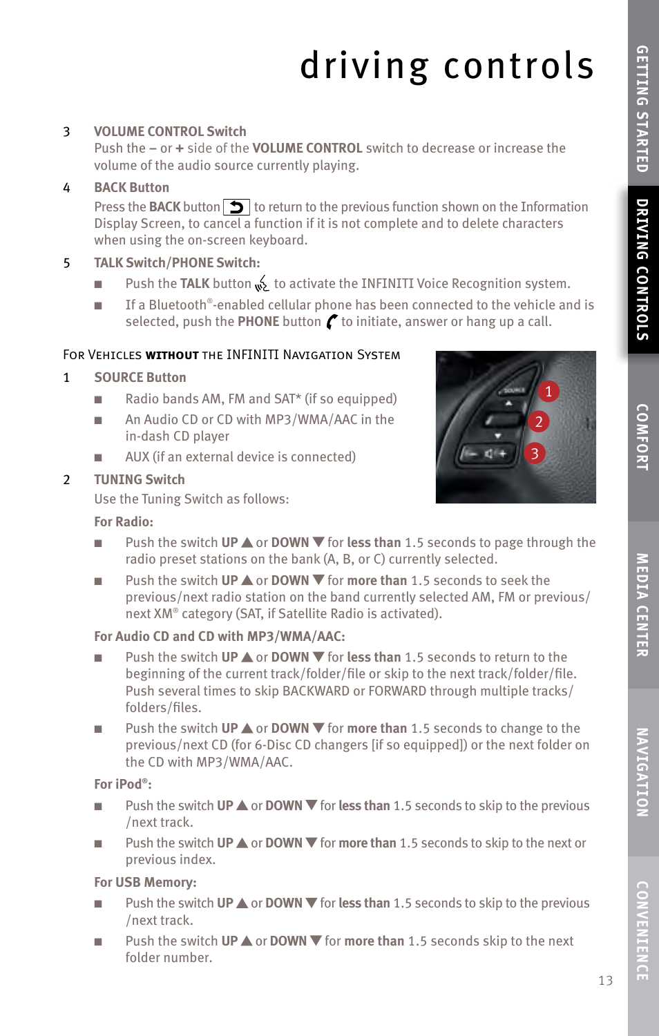 Driving controls | Infiniti EX35 User Manual | Page 15 / 48