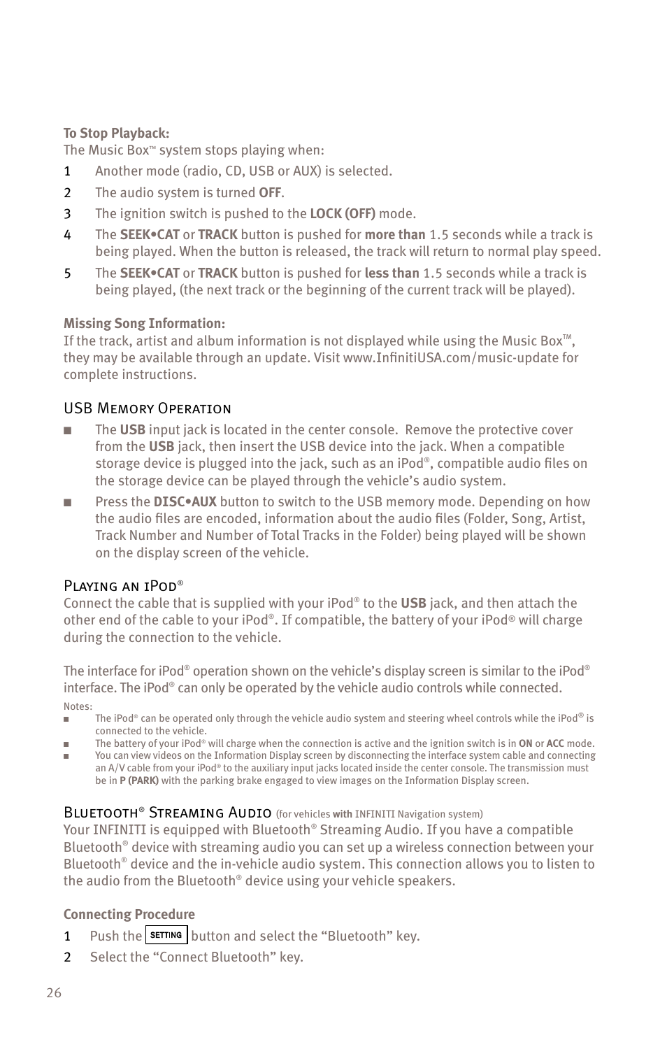 Playing an ipod, Bluetooth, Streaming audio | Infiniti EX35 User Manual | Page 28 / 48