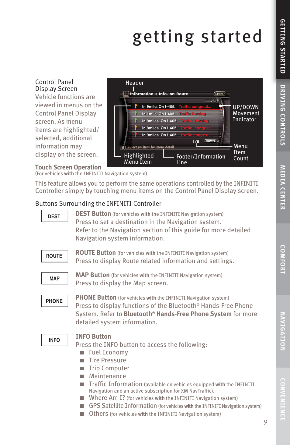 Getting started, Press to display the map screen. phone button, Press to display functions of the bluetooth | Hands-free phone system. refer to bluetooth, Fuel economy, Tire pressure, Trip computer, Maintenance, Traffic information, Where am i | Infiniti M45 User Manual | Page 11 / 48