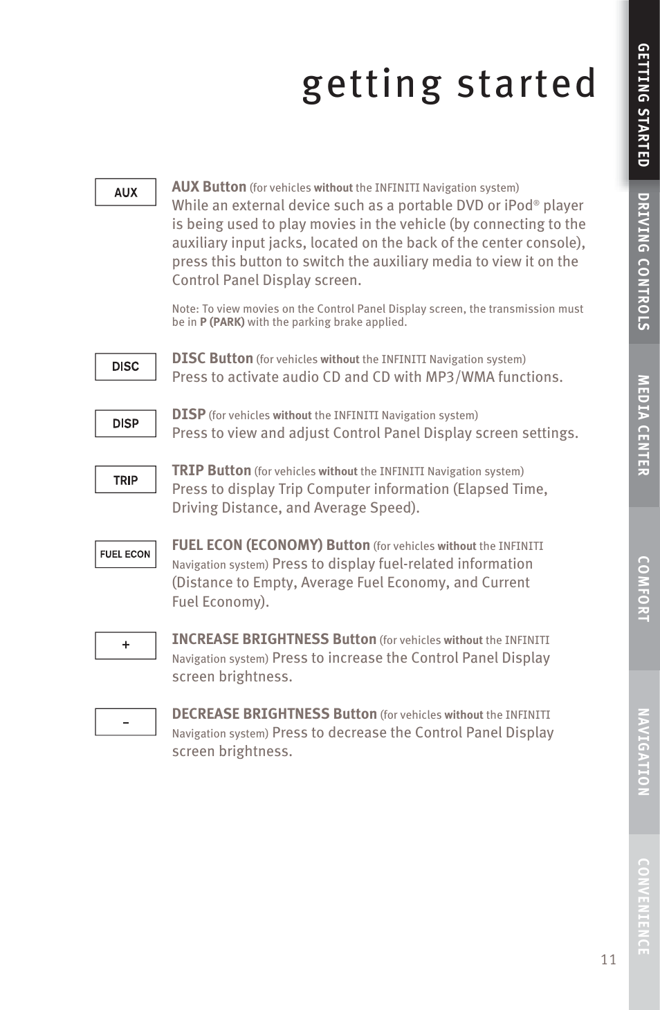 Getting started | Infiniti M45 User Manual | Page 13 / 48
