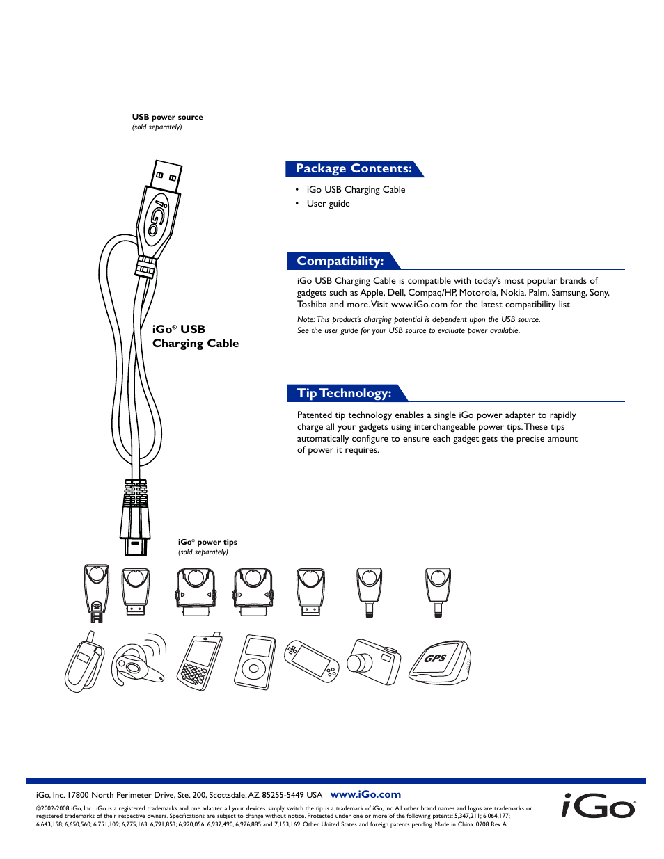 Package contents: compatibility: tip technology, Usb charging cable | IGo Direct USB Charging Cable User Manual | Page 2 / 2